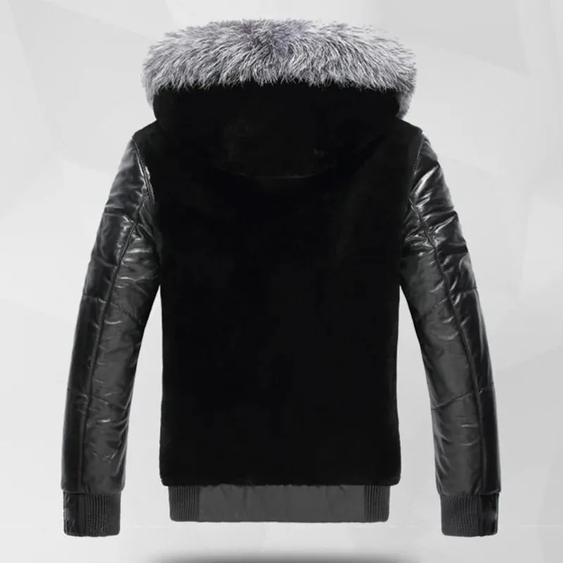 Wiaofellas Autumn Winter New Faux Leather Coat Fur Collar Hooded Menswear Luxury Brand Fur Coat Short Tops Plus Size Slim Jacket