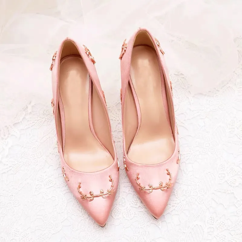 Women Flower Heel Wedding Shoes Elegant Silk High Heels Pumps