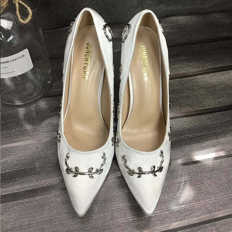 Women Flower Heel Wedding Shoes Elegant Silk High Heels Pumps